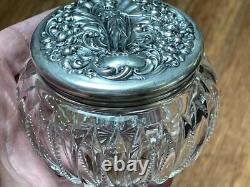 Repousse Sterling Silver Lidded Cut Glass Vanity Jar