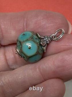 Retired James Avery Sterling Silver Floret Teal Glass Art Finial Charm Pendant