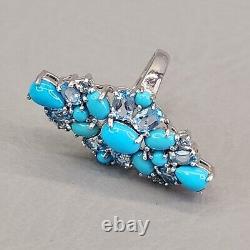 Rhinestone Ring Blue Topaz Glass Sterling Silver Chunky Pointed Thailand Sz 8
