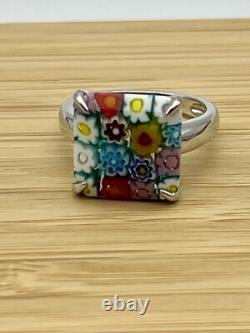 Ring Floral Alan K. Multicolor Murano Glass Sterling Silver Ring, Sz 7