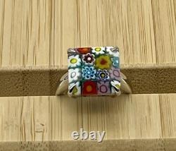 Ring Floral Alan K. Multicolor Murano Glass Sterling Silver Ring, Sz 7