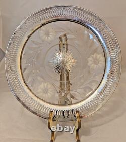 Roden Bros Sterling Silver Pierced Rim & Cut Glass Plate FLORAL THISTLES 9