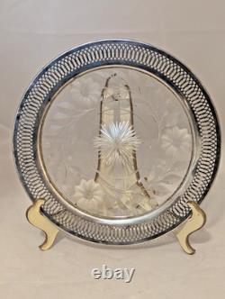 Roden Bros Sterling Silver Pierced Rim & Cut Glass Plate FLORAL THISTLES 9