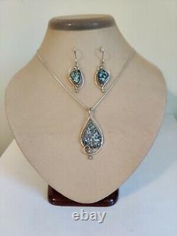 Roman Glass Necklace & Earrings Set Sterling Silver 925 Israel Whimsical Vintage