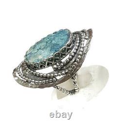 Roman Glass Oval Ring S. Silver 925 Ancient Fragment 200 BC Bluish Patina Size9
