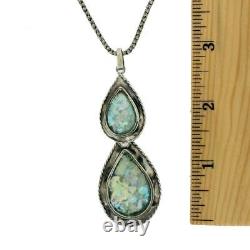 Roman Glass Pendant Necklace with 16 Sterling Silver Oxidized Chain Teardrop