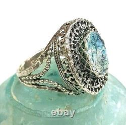 Roman Glass Ring Filigree Silver 925 Size9 Antique Ancient Fragment 200 B. C