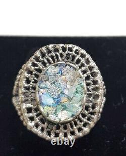 Roman Glass Ring Filigree Silver 925 Size9 Antique Ancient Fragment 200 B. C