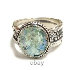 Roman Glass Ring S. Silver 925 Authentic Fragments 200 B. C Bluish Patina S8