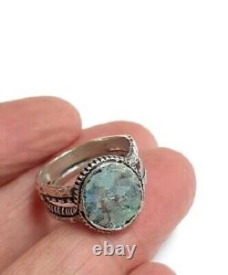 Roman Glass Ring S. Silver 925 Authentic Fragments 200 B. C Bluish Patina S8