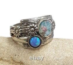 Roman Glass Ring Silver925 Flower Round Blue L. Opal Ancient Fragment 200 BC S7