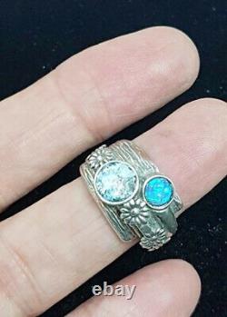 Roman Glass Ring Silver925 Flower Round Blue L. Opal Ancient Fragment 200 BC S7