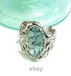 Roman Glass Ring Silver 925 Ancient Antique Fragment 200 BC Bluish Patina Size7