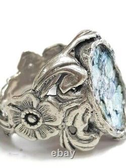Roman Glass Ring Silver 925 Ancient Antique Fragment 200 BC Bluish Patina Size7