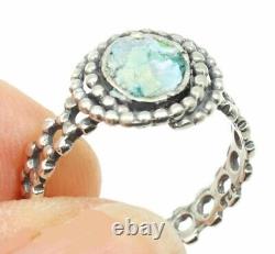 Roman Glass Ring Silver 925 Ancient Antique Fragment 200 BC Bluish Patina Size8
