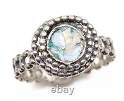 Roman Glass Ring Silver 925 Ancient Antique Fragment 200 BC Bluish Patina Size8