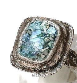 Roman Glass Ring Silver 925 Ancient Fragment 200 BC Bluish Patina Size7 Israel