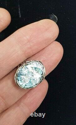 Roman Glass Ring Silver 925 Ancient Fragment 200 BC Bluish Patina Size8 Israel