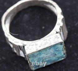 Roman Glass Ring Silver 925 Antique Square Fragment 200 B. C Bluish Patina Size7