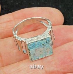 Roman Glass Ring Silver 925 Antique Square Fragment 200 B. C Bluish Patina Size7
