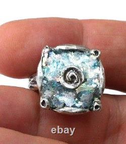 Roman Glass Ring Sterling Silver925 Ancient Fragment 200 BC Bluish Patina Size8