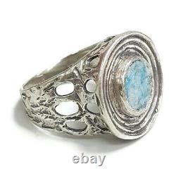 Roman Glass Ring Sterling Silver 925 Round Antique Blue Fragment 200 B. C Size9