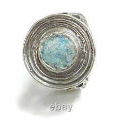 Roman Glass Ring Sterling Silver 925 Round Antique Blue Fragment 200 B. C Size9