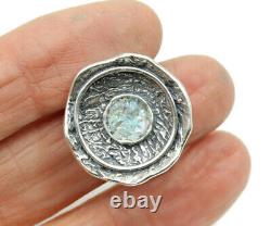 Roman Glass Round Ring Silver 925 Ancient Fragment 200 B. C Bluish Patina Size8