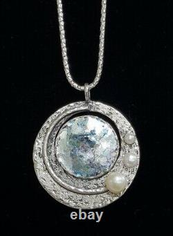 Roman Glass Silver 925 Pendent O. O. A. K Bluish Green Ancient 200BC ISRAEL ASCOPA