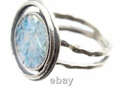Roman Glass Silver 925 Ring Authentic Round Fragment 200 BC Bluish Patina Si9