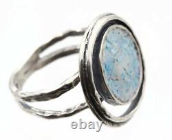 Roman Glass Silver 925 Ring Authentic Round Fragment 200 BC Bluish Patina Si9