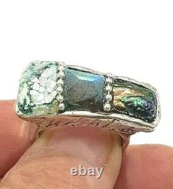 Roman Glass Silver 925 Ring Gemstones Abstract Antique Fragment 200 B. C Size8
