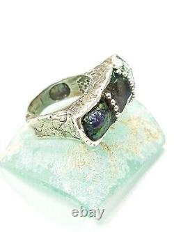 Roman Glass Silver 925 Ring Gemstones Abstract Antique Fragment 200 B. C Size8