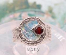 Roman Glass Sterling 925 Ring Red Garnet Ancient Fragment 200 B. C Patina Size7