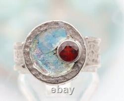 Roman Glass Sterling 925 Ring Red Garnet Ancient Fragment 200 B. C Patina Size7