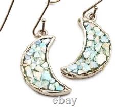 Roman Glass Sterling Silver925 Earrings Moon Shape Ancient 200 B. C Bluish Patina