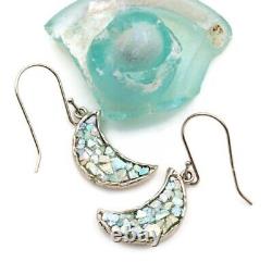 Roman Glass Sterling Silver925 Earrings Moon Shape Ancient 200 B. C Bluish Patina