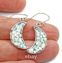Roman Glass Sterling Silver925 Earrings Moon Shape Ancient 200 B. C Bluish Patina