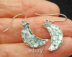 Roman Glass Sterling Silver925 Earrings Moon Shape Ancient 200 B. C Bluish Patina