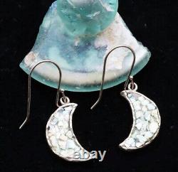 Roman Glass Sterling Silver925 Earrings Moon Shape Ancient 200 B. C Bluish Patina