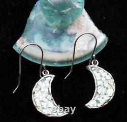 Roman Glass Sterling Silver925 Earrings Moon Shape Ancient 200 B. C Bluish Patina