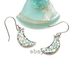 Roman Glass Sterling Silver925 Earrings Moon Shape Ancient 200 B. C Bluish Patina
