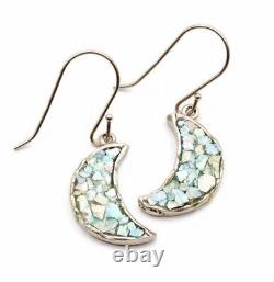 Roman Glass Sterling Silver925 Earrings Moon Shape Ancient 200 B. C Bluish Patina