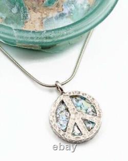 Roman Glass Sterling Silver925 Peace Pendent Round Fragment 200 BC Bluish Patina