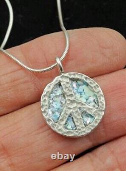 Roman Glass Sterling Silver925 Peace Pendent Round Fragment 200 BC Bluish Patina