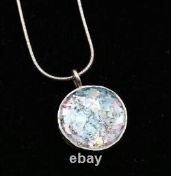 Roman Glass Sterling Silver925 Peace Pendent Round Fragment 200 BC Bluish Patina