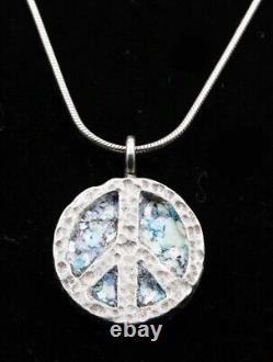 Roman Glass Sterling Silver925 Peace Pendent Round Fragment 200 BC Bluish Patina