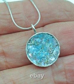 Roman Glass Sterling Silver925 Peace Pendent Round Fragment 200 BC Bluish Patina