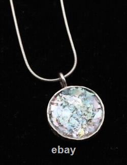 Roman Glass Sterling Silver925 Peace Pendent Round Fragment 200 BC Bluish Patina