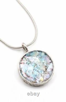 Roman Glass Sterling Silver925 Peace Pendent Round Fragment 200 BC Bluish Patina